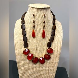 Monet Brown Wooden & Oval Faceted Dark Orange Bead Necklace & Matching Earrings
